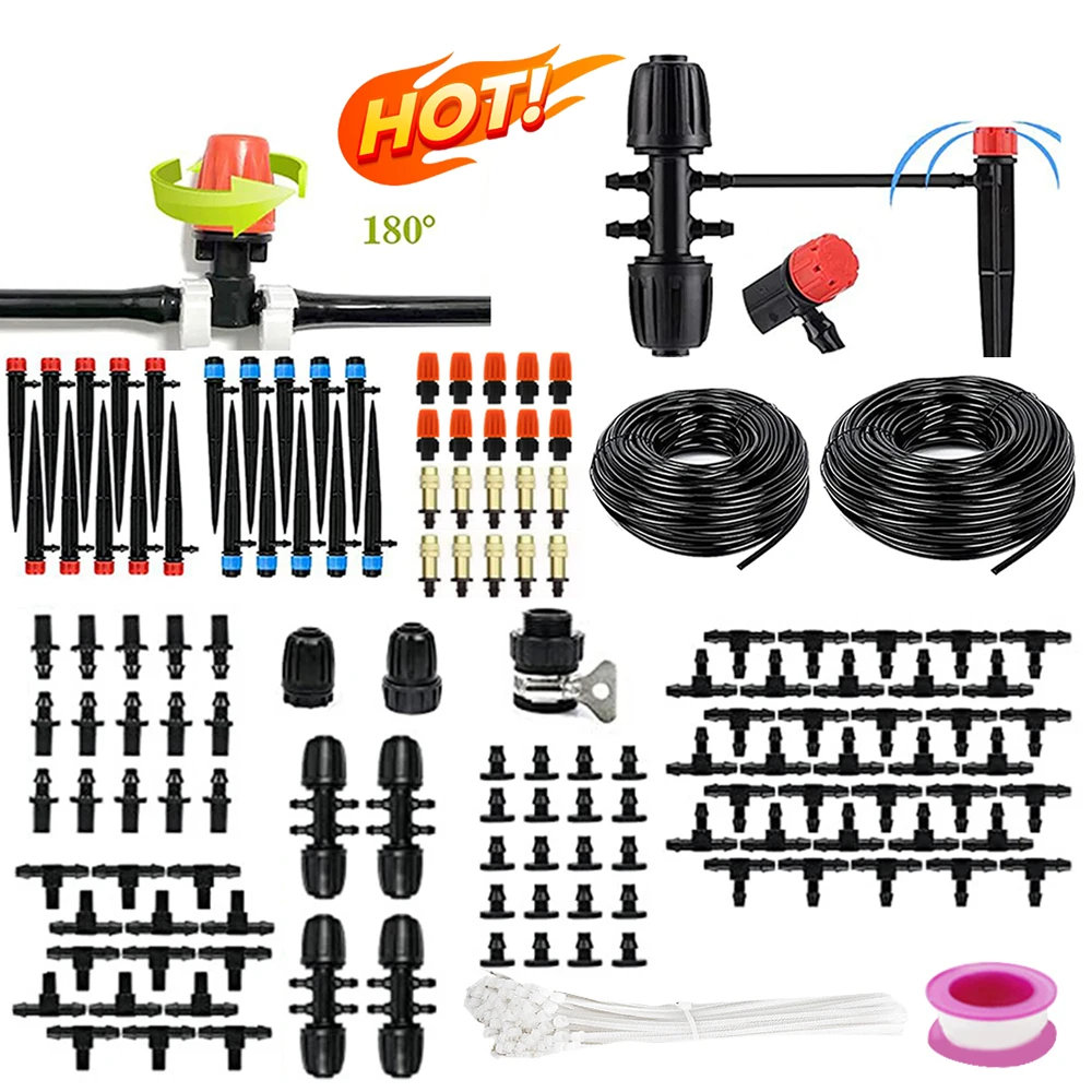 

200FT Hose Self-priming Pump Watering System with 1/2 Inch Hose 1/4 Inch Tubing Sprinkler Quick Connector Drip Irrigation Kit