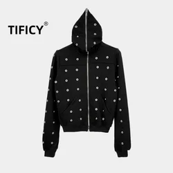 Hooded Sweatshirts Dark Women's winter High Street Style Multi Button Willow Nail Decoration Zip Up Hoodies Sweatshirt Jacket
