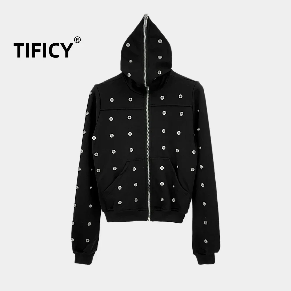 Hooded Sweatshirts Dark Women's winter High Street Style Multi Button Willow Nail Decoration Zip Up Hoodies Sweatshirt Jacket