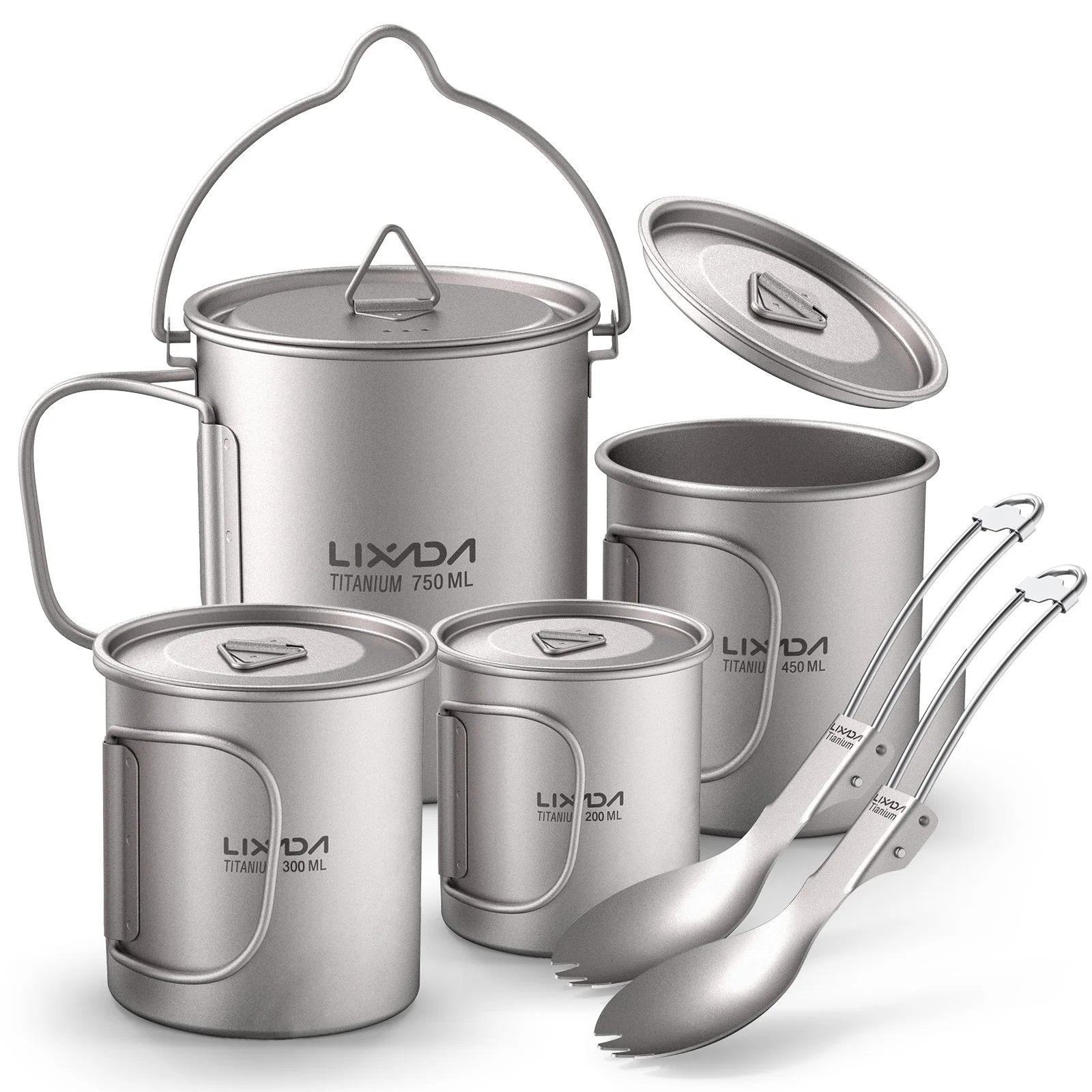 

Lightweight Ti 6 Pieces Set Ti 750ml Pot 450ml and 350ml and 200ml Water Cup with Lid Collapsible Handle Folding Spork for Outdo