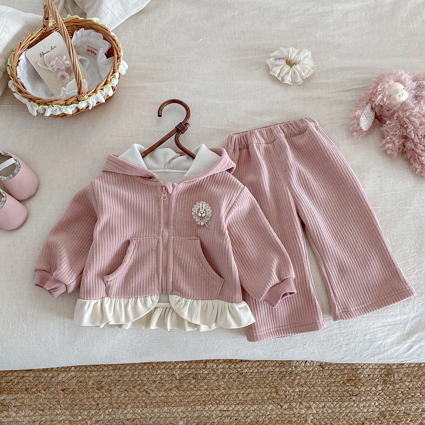 

Infant Baby Girl Two-piece Set Hooded Zipper Thick Lace Toddler Girl Coat+elastic Waist Solid Color Newborn Kid Girl Pant Outfit