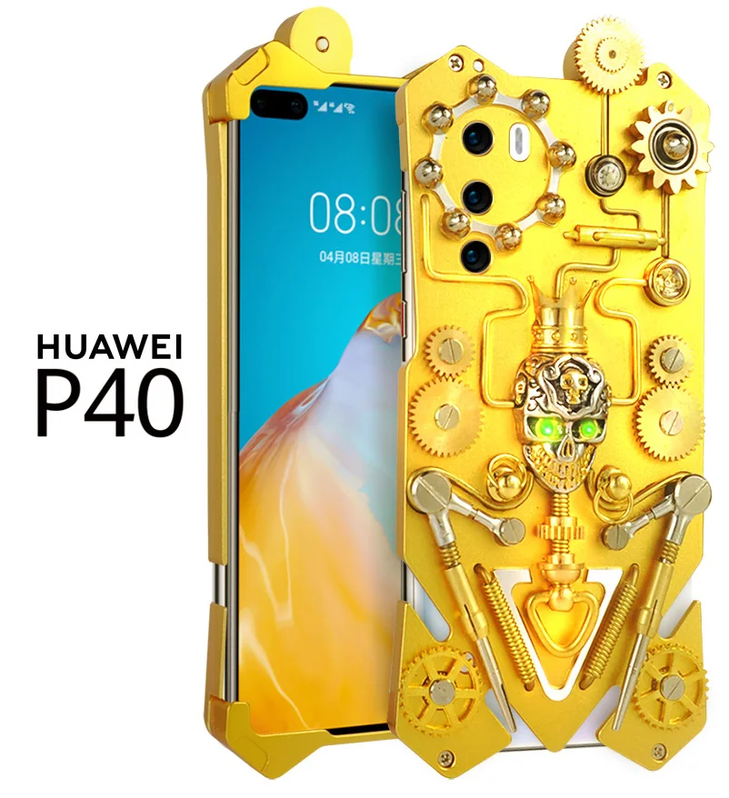 

Original Zimon Luxury Armor Metal Aluminum Phone Cover For Huawei P40 Pro Case Mechanical Gear Purely Handmade Skull Phone Shell