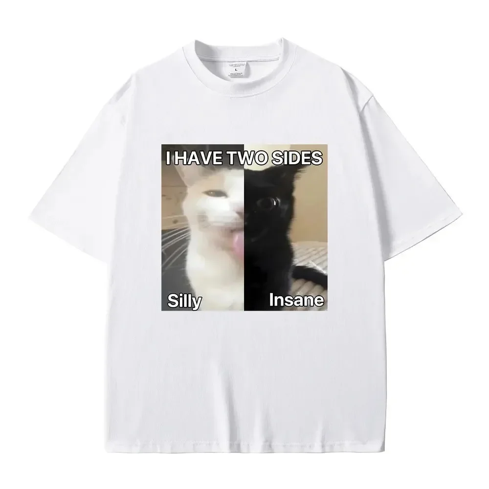 I Hace Double-sided Silly Meme Funny Half Cat Face Graphic T Shirts for Woman Harajuku Classic Cartoon Outdoors Tops Y2k