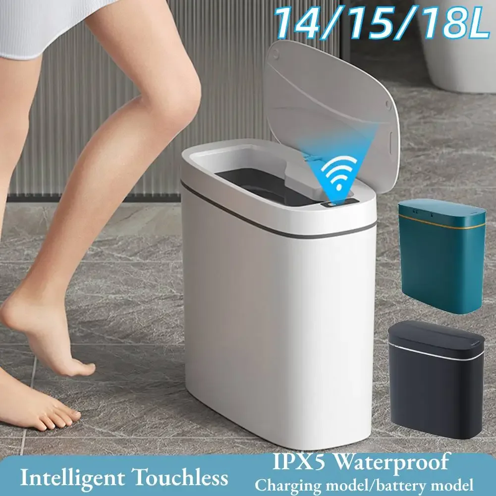 14L Automatic Trash Bin with Lid Intelligent Touchless Trash Can Quiet Garbage Bucket IPX5 Waterproof for Narrow Space Bathroom