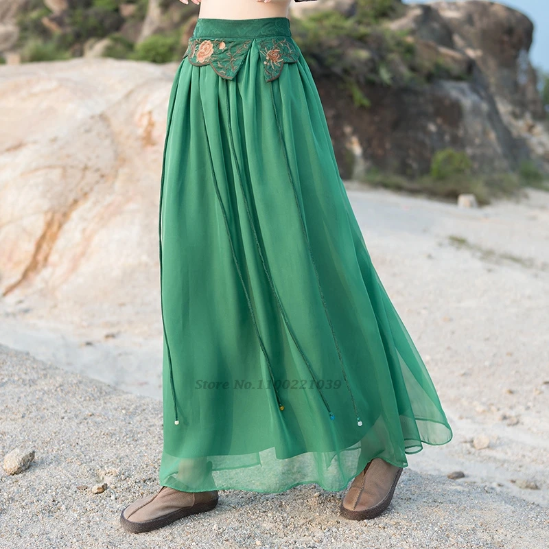2025 중국 빈티지 국화 자수 민족 스커트, 술 쉬폰 스커트, 전통 탄성 허리 민속 스커트