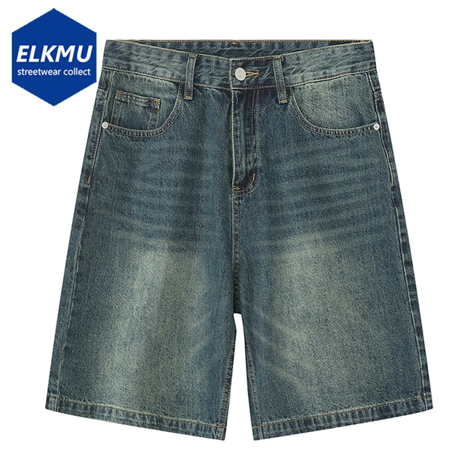 Men Vintage Blue Denim Shorts Summer Casual Loose Jeans Shorts Retro Harajuku Streetwear Hip Hop Y2K Shorts Man