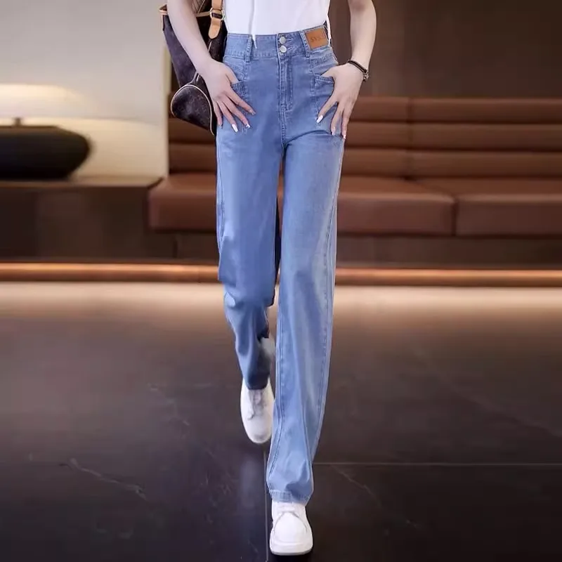 

High Waist Straight Leg Denim Pants Women Summer New Sle A ey Wide Leg Loose Thin Ice Silk Pants Cool Feeling