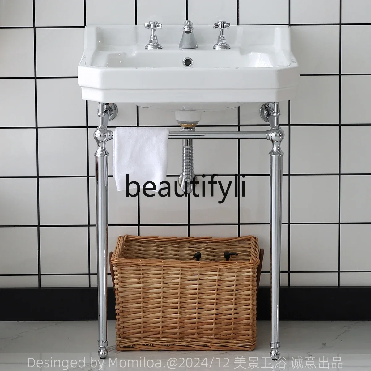 

D80 Retro floor-to-ceiling wash basin bracket Golden balcony wash basin Bathroom cabinet Integrated ceramic basin