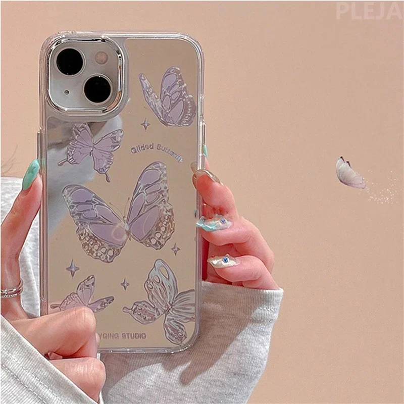 Bling Mirror Silver Butterfly Cute Phone Case for Apple iPhone 16 15 14 ProMax 13 12 Pro Max 11 Cover Protective Women Soft Case