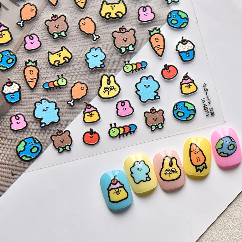 Rabbit Bunny Tomato Earth Puppy Dog Drumsticks Caterpillar Carrot Cake Apple Cat Bear  Adhesive Nail Art Stickers Manicure Decal