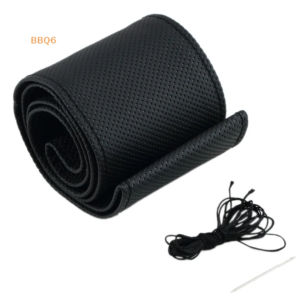 *Black Car Truck Leather Steering Wheel Cover With Needles and Thread Black DIY Accessories