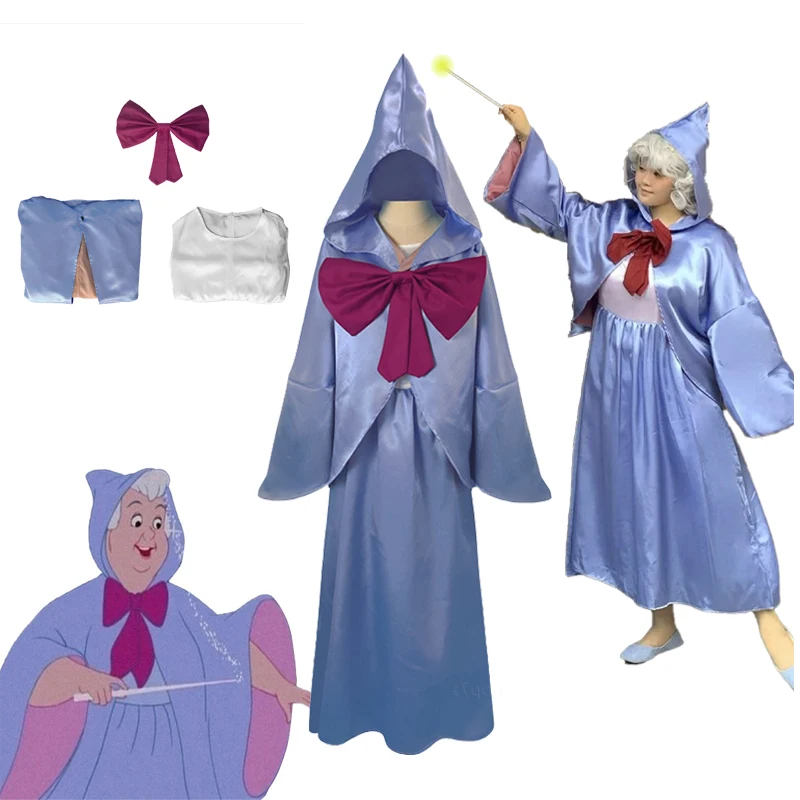 

Anime Cinderella Cosplay Fairy Godmother Stage Costume Women Fairy God Mother Costume Deluxe Hooded Cape Dress Halloween Outfits