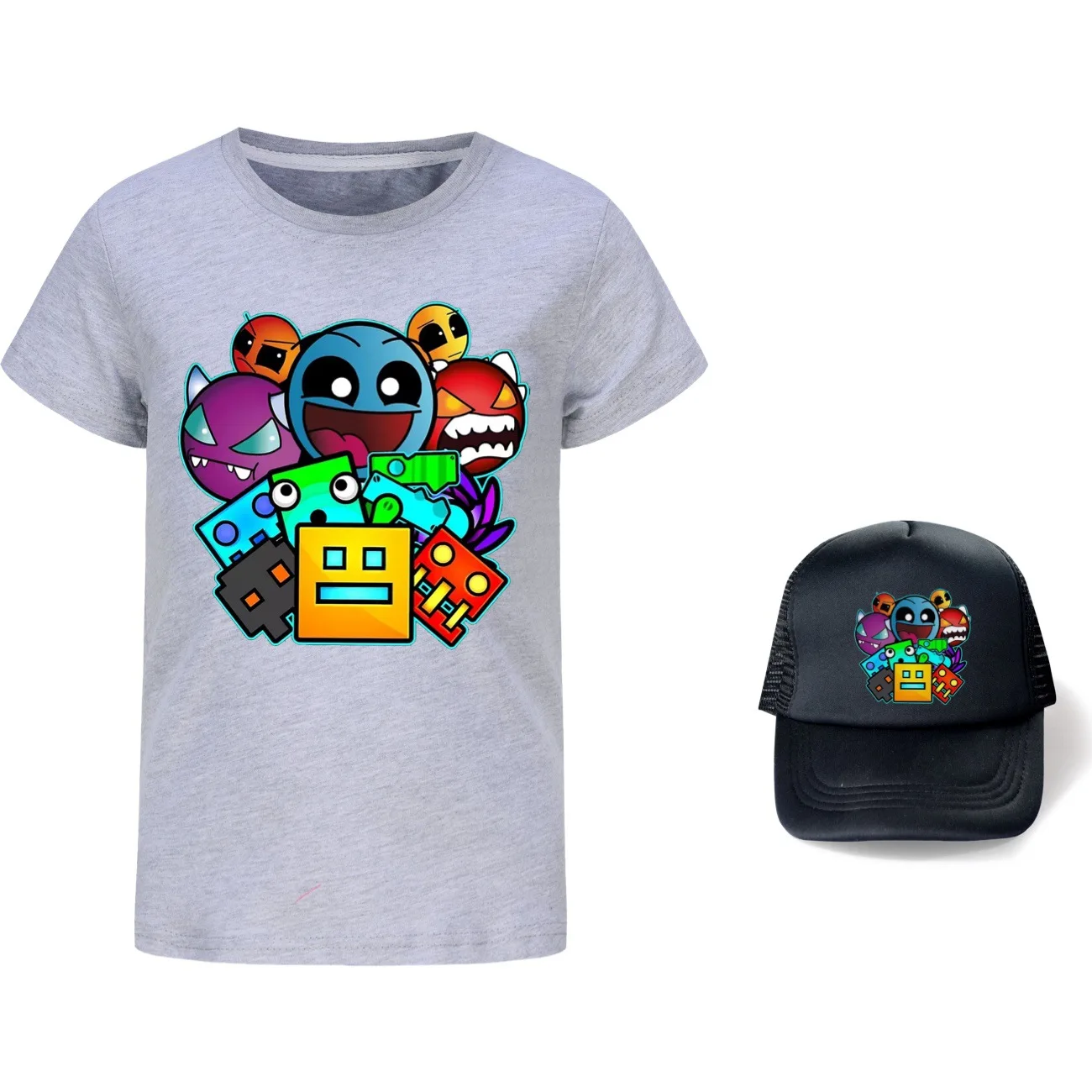 Game Geometry Dash T Shirt Summer Kids Cartoon Casual Clothes Junior Boys Short Sleeve Tops Baby Girls Fashion T-shirt&Sunhat