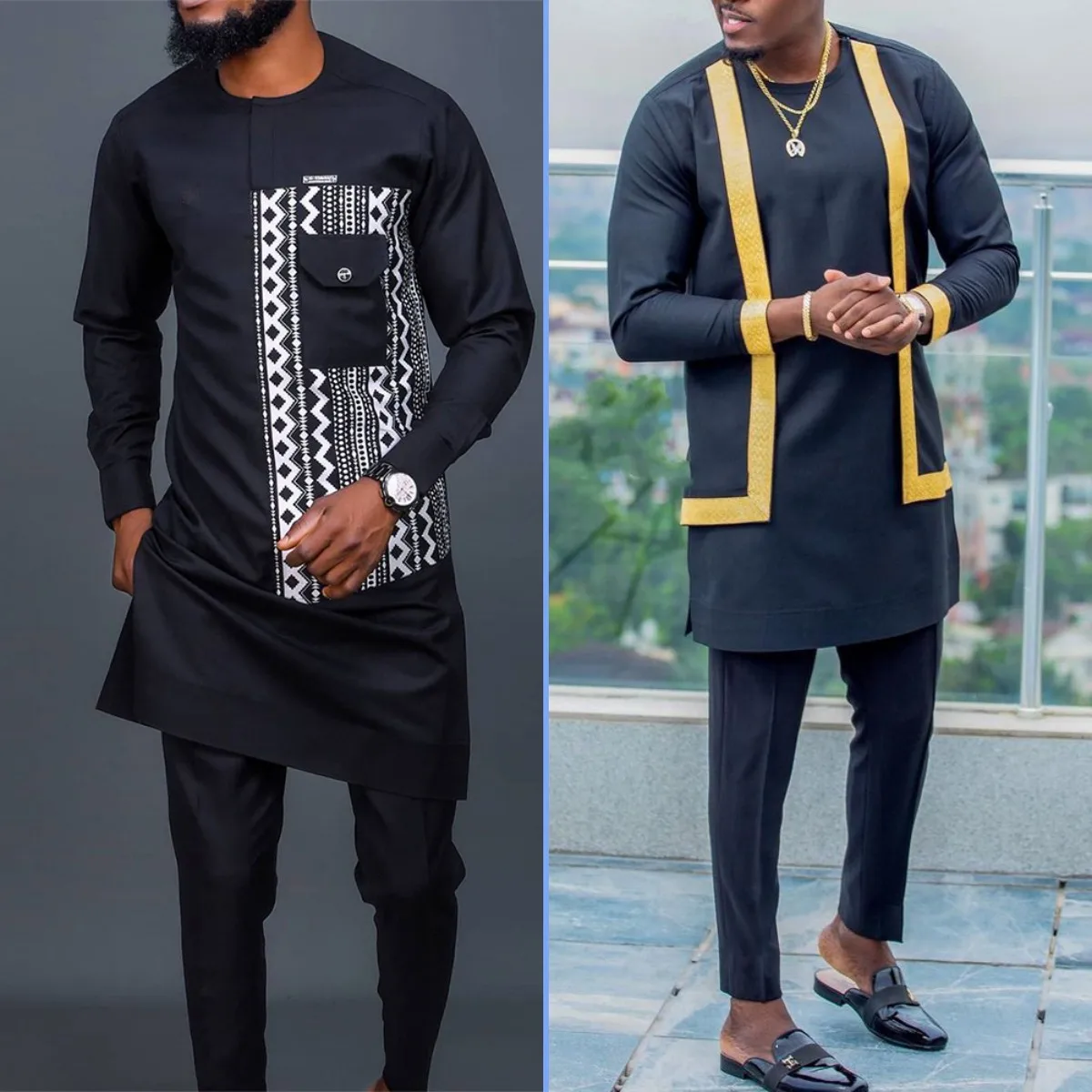 African Men Clothing 2 Pcs Set Printed Long-sleeved Top T-shirt Trousers Pants Man Suit Ethnic Style Casual Business Outfits