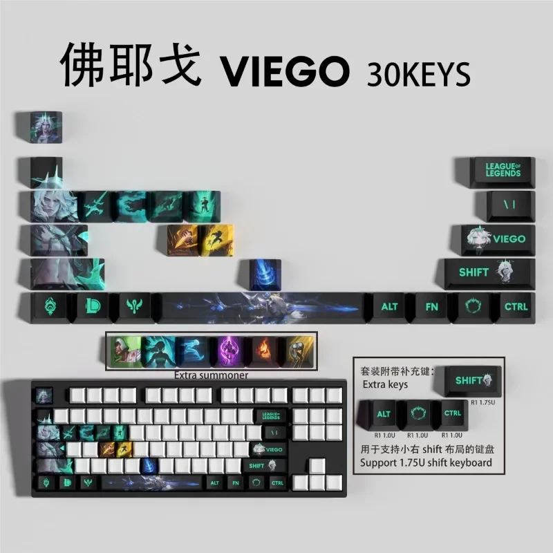 League of Legends anime game periphery keycap 30 key LOL Jinx Yasuo VIEGO KaiSa skill OEM high PBT heat sublimates Keyboard cap