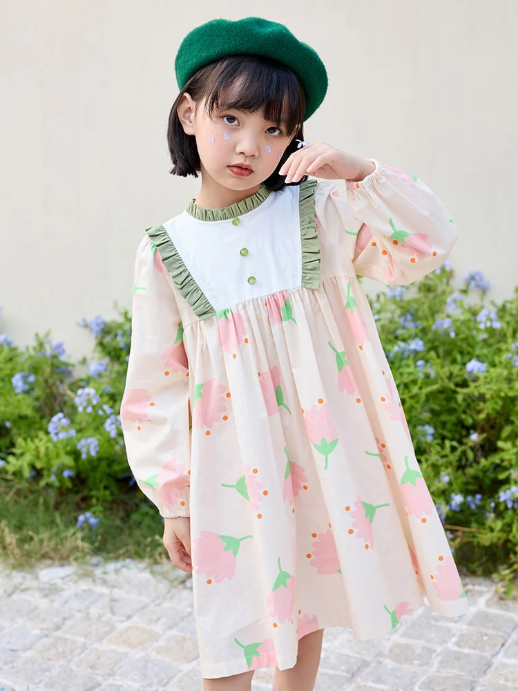 

Baby Girls 100% Cotton Full Sleeve Dresses 2022 Autumn Pink Floral Flower Printed 2T 14Y Kids Clothing 100cm 140cm Children Wear