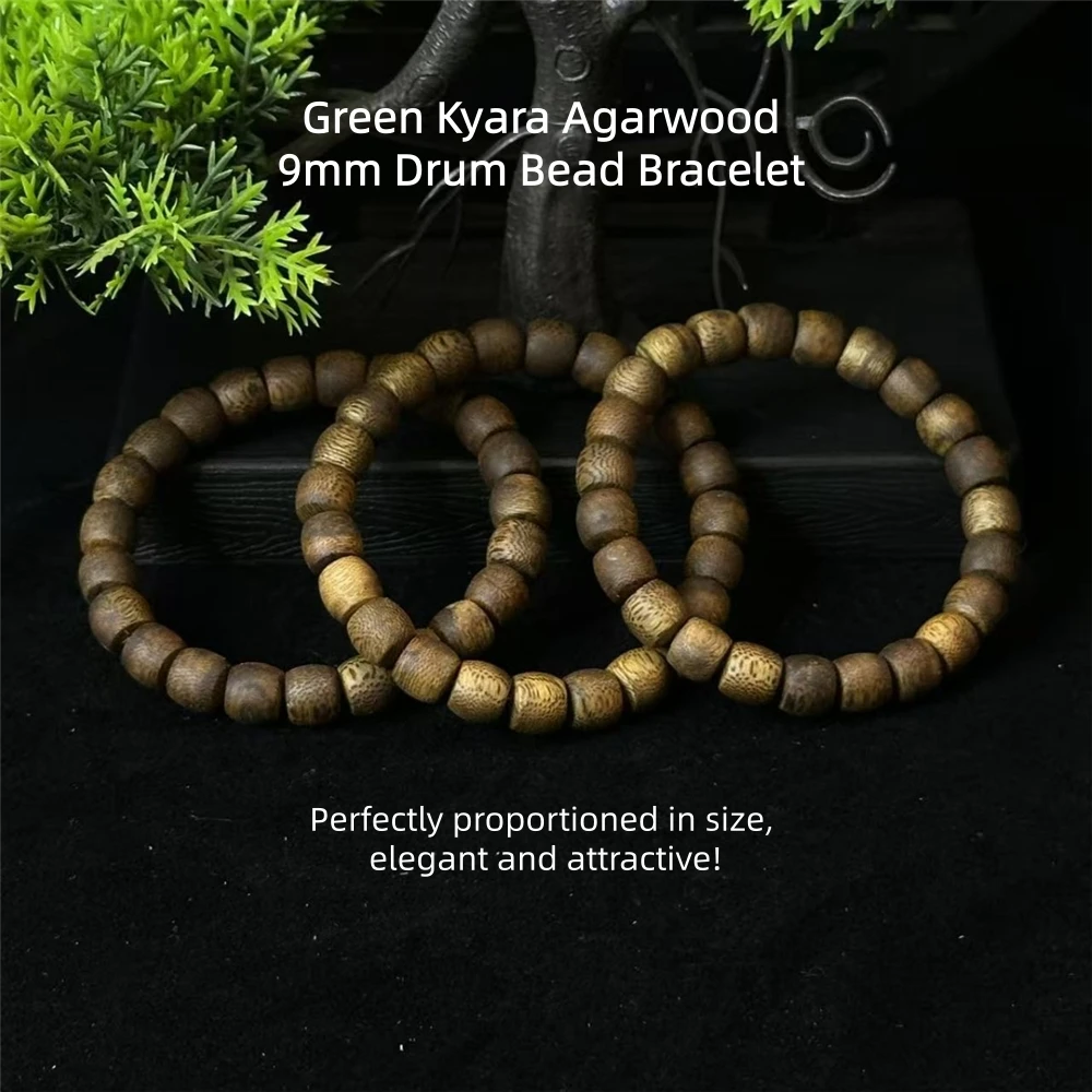 

Authentic Green Kyara Agarwood Bracelet,9mm Drum Beads,Single-Circle,Chinese Ethnic Style&Minimalist Design,Vintage Prayer Beads