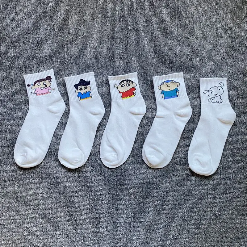 Crayon shin-chan hommes chaussettes blanches dessin animé Figure Nohara Shiro femmes respirant en Tube chaussettes Anime mode coton Sport chaussettes