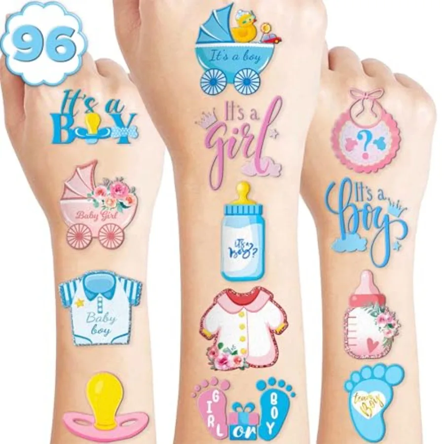 

100 PCS Gender Reveal Temporary Tattoos Themed Birthday Party Decorations Favors Supplies Decor Baby Boy Or Girl Pink And Blue
