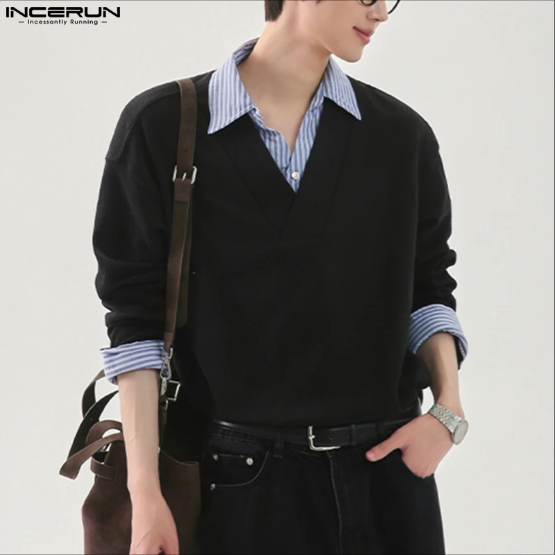 

INCERUN Мужская рубашка в стиле пэчворк с лацканами и длинным рукавом в корейском стиле, повседневная мужская одежда, уличная одежда, свободные модные мужские рубашки S-5XL 2025