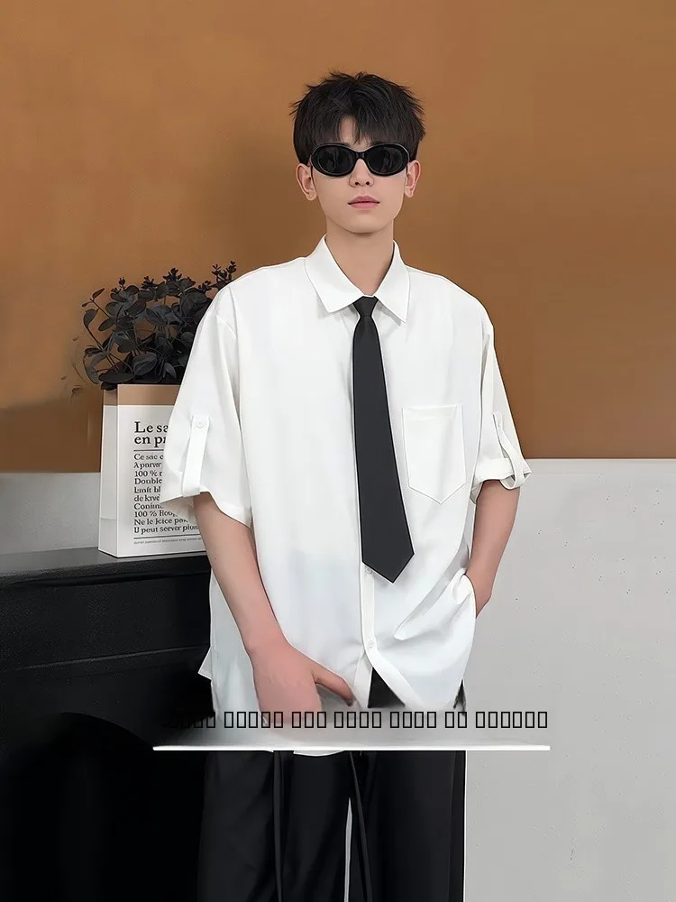 

Cleanfit Ice Silk Drapey Sleeveless Shirt Men's Summer Design High Quality Handsome DK Blue Tie White Loose Fit Casual Shirt