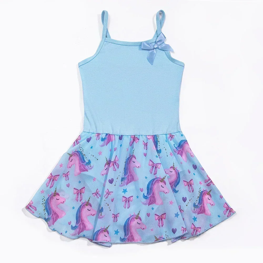 Балетные трико для девочек, танцевальное платье-бретелька с юбкой, тренировочный наряд для балерины с единорогом, без рукавов