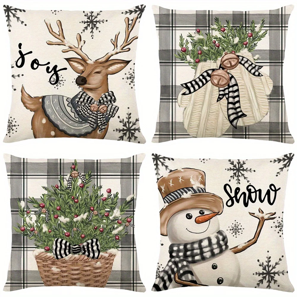 Weihnachts-Kissenbezüge – Baum, Schneemann, Elch, geometrisch kariert, bedruckt, Überwurf-Kissenbezüge – Bauernhaus-Weihnachtsdekoration für Schlafzimmer, Sofa