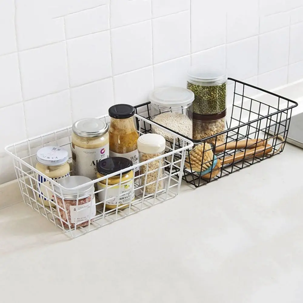 

Black/White Iron Wired Basket Large Capacity with Built-in Handles Metal Wire Storage Basket Hollow Sundries Container