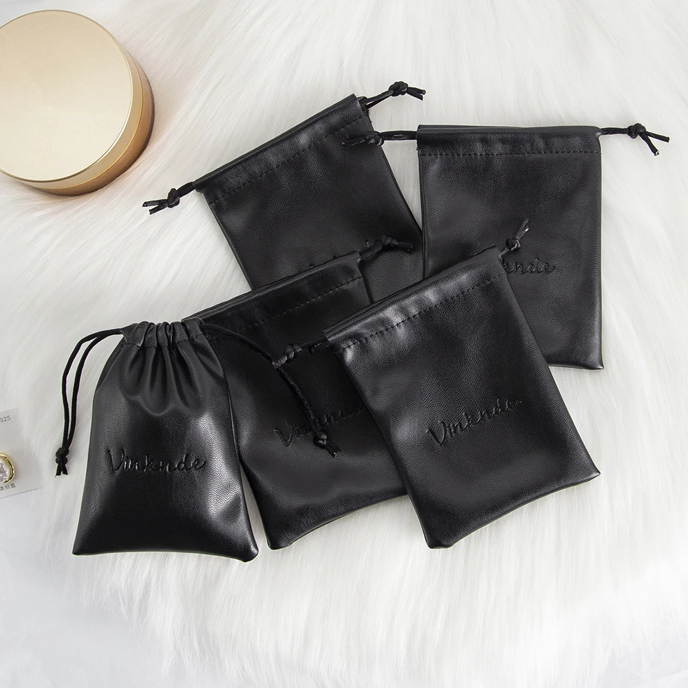 Black Custom Logo PU Leather Jewelry Drawstring Bag Men Electric Shaver Storage Pouches for Game Controller Headphones Protectot