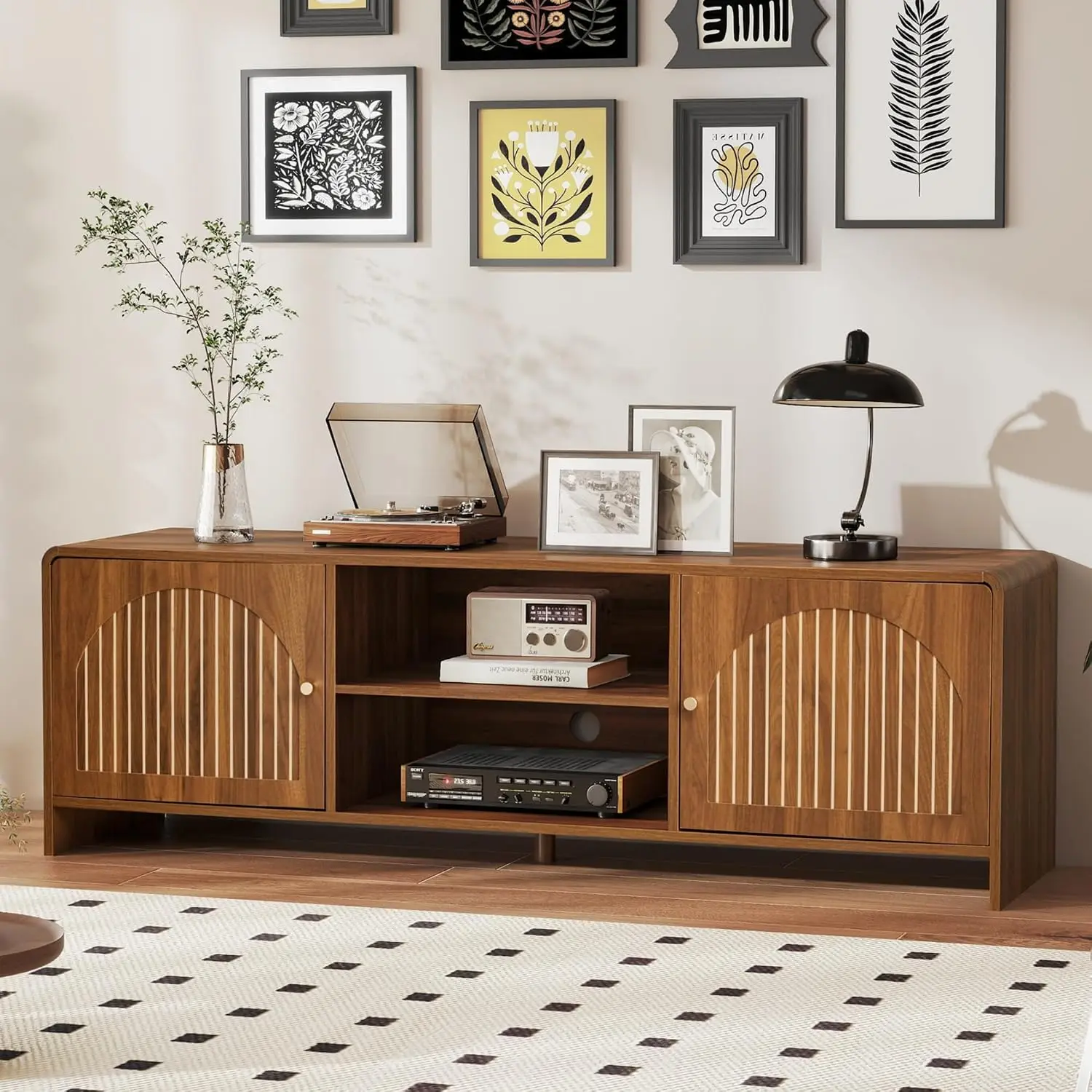 Mid Century TV Stand for 55/65 Inch TV, Entertainment Center with Arched Doors & Adjustable Shelf, Curved Media Console for Livi