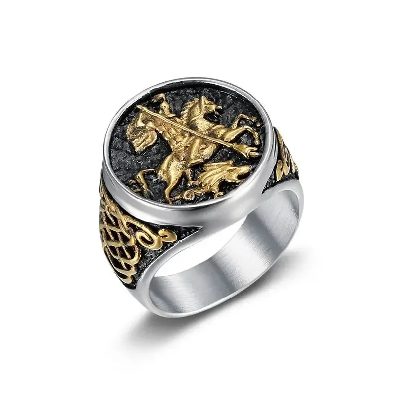 CHUANGCHENG Stainless Steel Vacuum Gold Plated St. George Dragon Slayer Knight Men's Man Rings Size 7-13 mens rings  jewelry