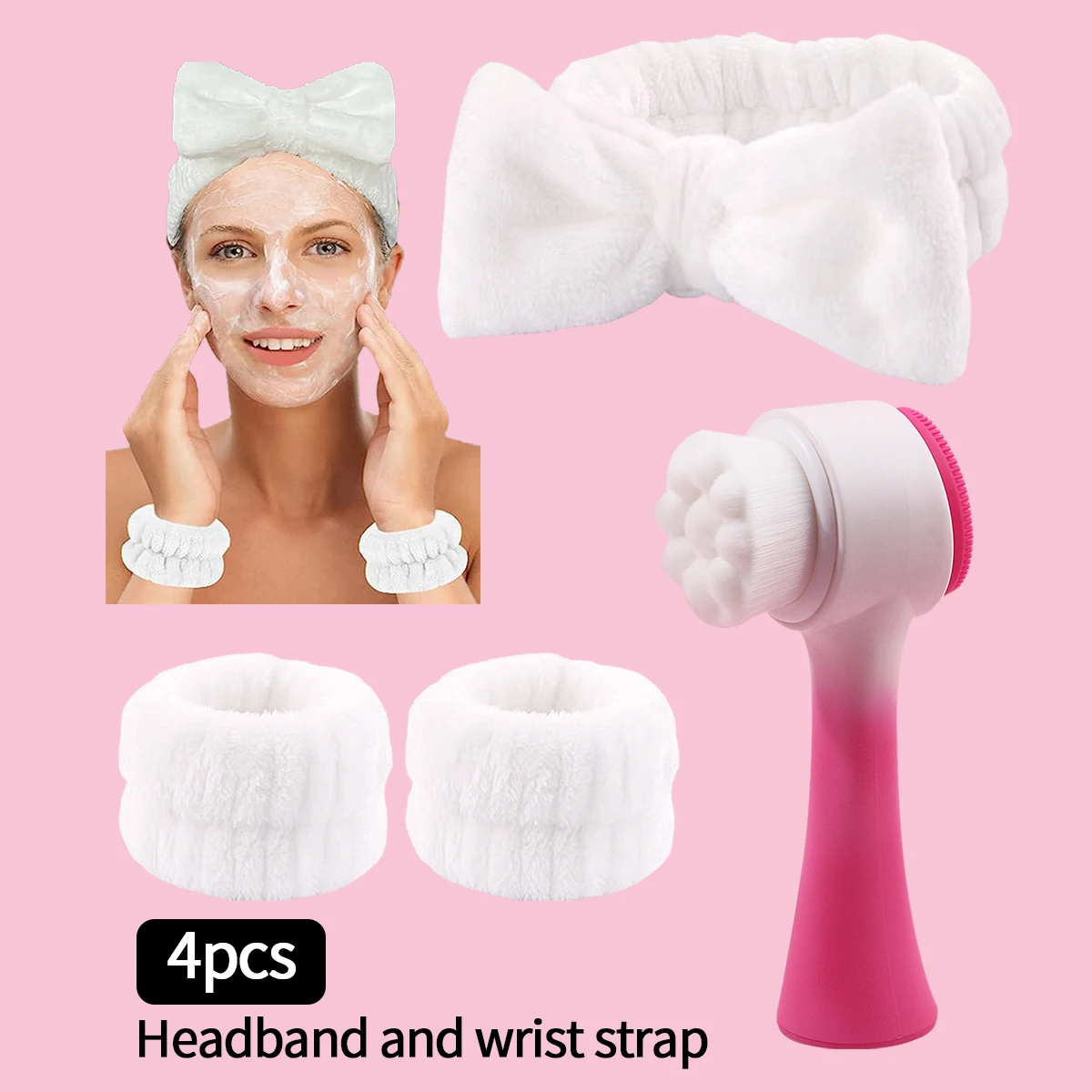 4-częściowy zestaw do mycia twarzy, opaska na głowę, pasek na nadgarstek, odporny na wilgoć i chłonny, w połączeniu z silikonowym zestawem pędzli do mycia twarzy
