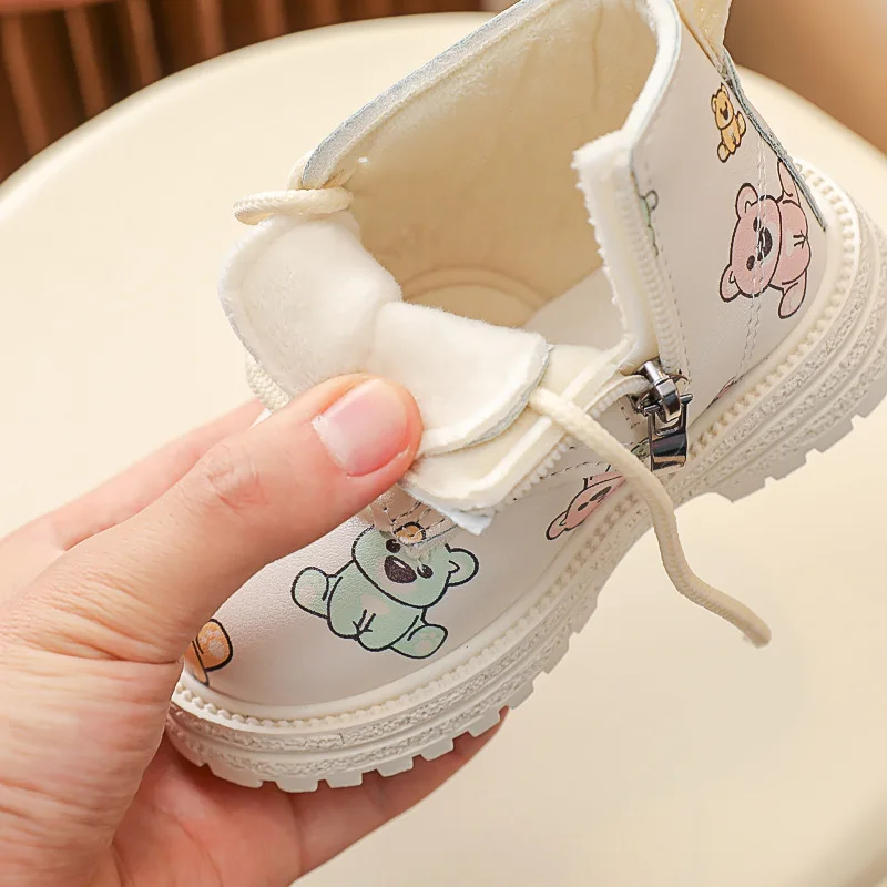 Botines Girl Boot Cute Cartoon Bear Kid Cotton Boot Autumn Winter New Soft Sole Non-slip Casual Shoe Princess Leather Ankle Boot