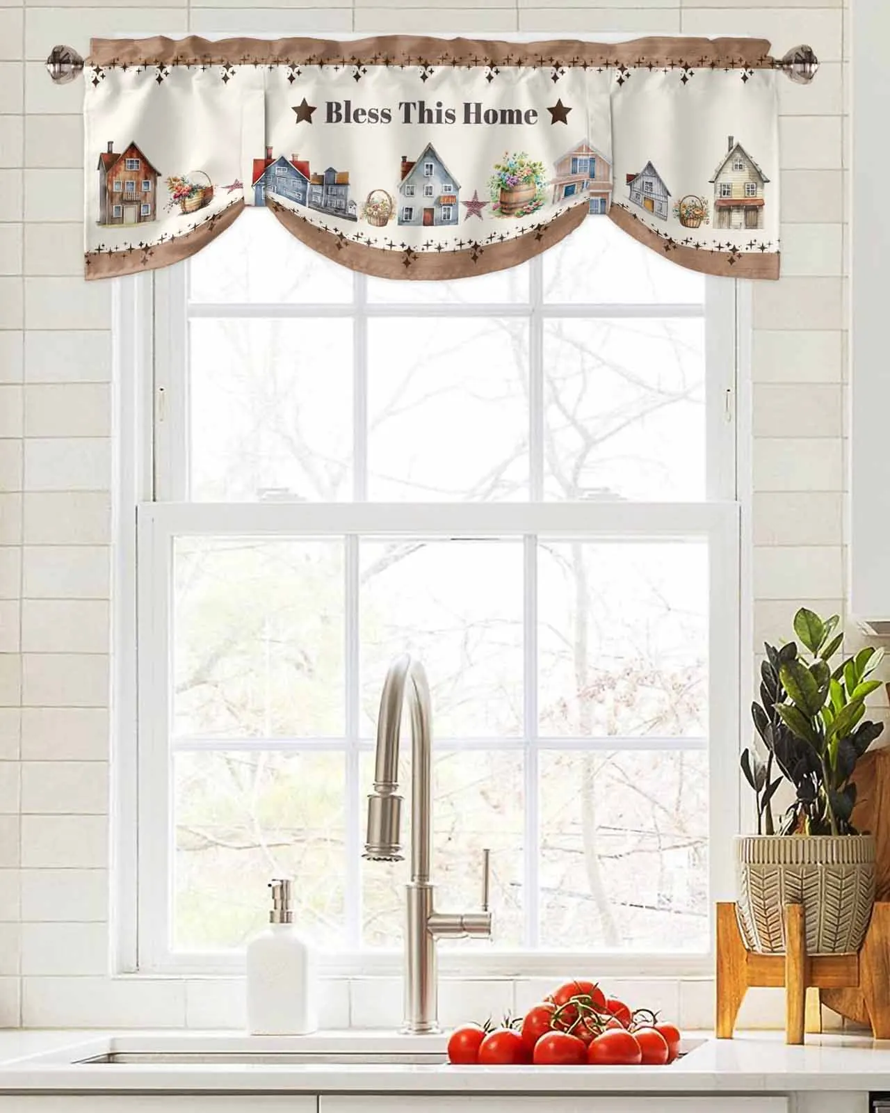 Watercolor House Stars Wood Grain Window Curtain Living Room Kitchen Cabinet Tie-up Valance Curtain Rod Pocket Valance