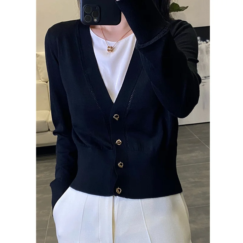 Temperament elegant knitted cashmere cardigan women\'s sweater thin spring and autumn V-neck loose thin short wool coat