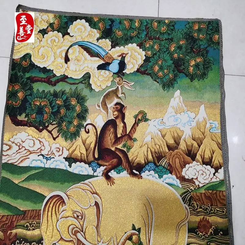 Tibet Tibetan Cloth Silk Auspicious beasts: elephant, monkey, rabbit, bird Thangka Tangka Embroidery Painting