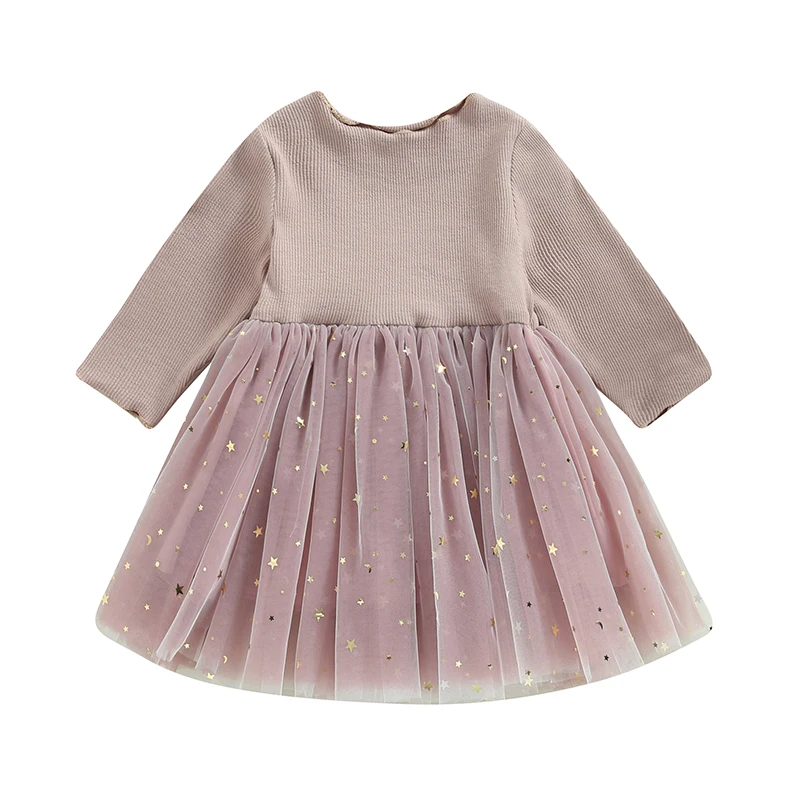 Toddler Kids Girls Dress Crew Neck Long Sleeve Sequins Stars Moon Pattern Layered Tulle Tutu Dress Autumn Princess Casual Dress