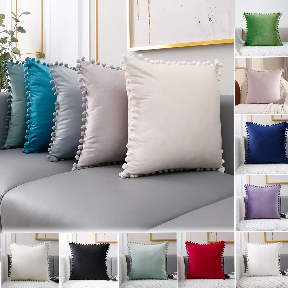 1PC Velvet Throw Pillow Cover with Pompom Soft Cushion Cover for Couch Home Decor Living Room Pillowcase Pillow Cover Decorative