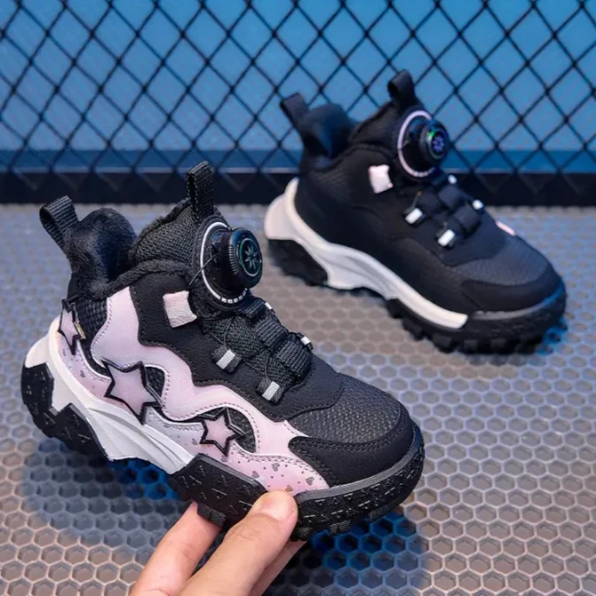 

Хлопковые спортивные ботинки с флисом для девочек, зима 2026, высокие хлопковые кроссовки с кожаной поверхностью, детские кеды