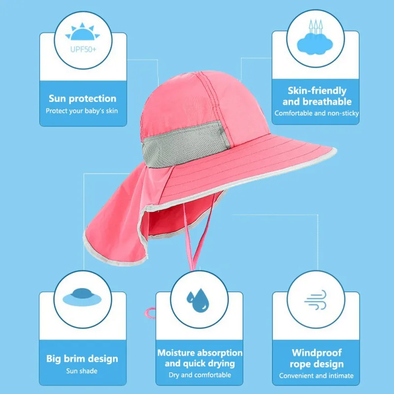 Wide Brim Children Sun Hat Kids Bucket Cap Summer Beach Girls Outdoor Traveling Fishing Camping Hiking Neck Cover Cap UV Protect