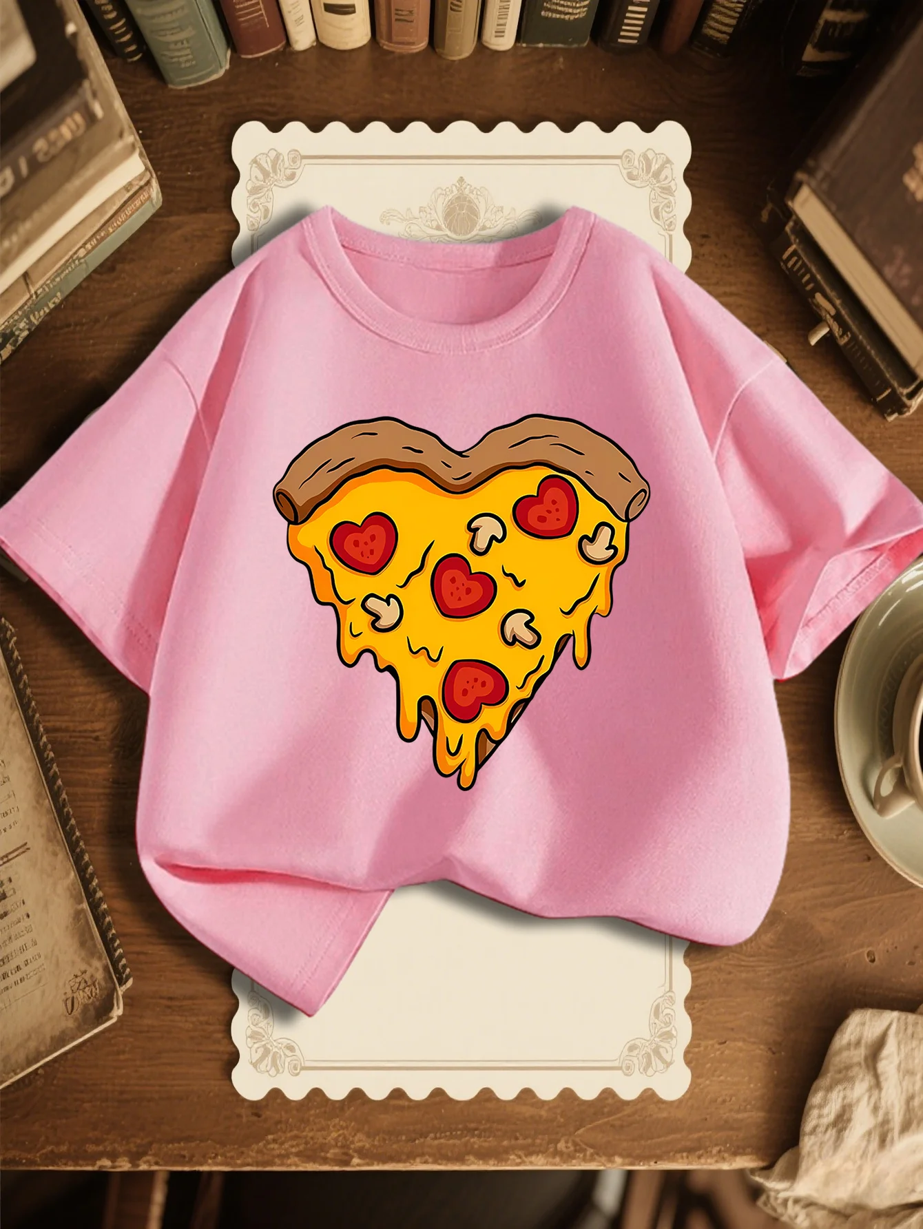 Cute Cartoon Heart Shaped Pizza Print Graphic Kids Tee Boys Girls Family Matching Cotton Crew Neck Short Sleeve Soft Summer Tee
