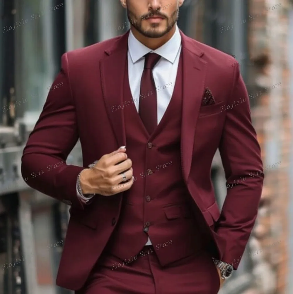 Nieuw Bordeauxrood Pak Mannen Smoking Bruidegom Groomsman Prom Wedding Party Formele 3-delige Set Jas Vest Broek