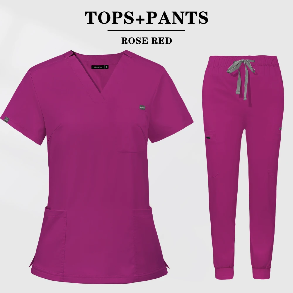 V Neck Scrubs Uniformes Médicos para Mulheres, Conjuntos de Vestuário Feminino, Clínica Dentária, Salão de Beleza, Pet Lab, Ternos Cirúrgicos, Enfermeiros Acessórios