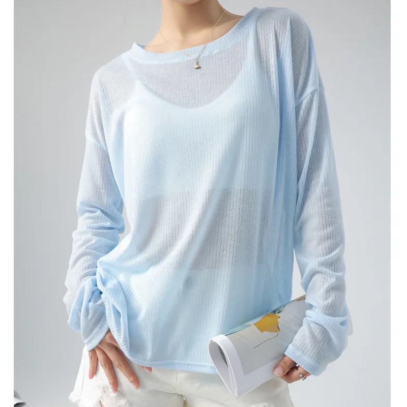 Korean Style Versatile Long-sleeved T-shirt for Women Loose See-through Thin Summer Ice Silk Pullover Sun Protection Blouse Top