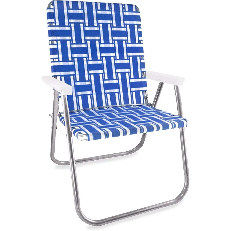 Folding Aluminum Webbed Chair for Camping, Sports, and Beach | Magnum - Blue and White with White Arms