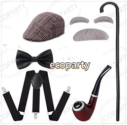 1920s Mens Gatsby Gangster Costume Old Man Fancy Dress Costume Grandpa Accessories Set with Newsboy Hat Great Gatsby Decoration