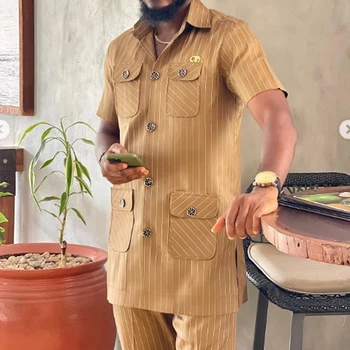 2024 Letnie topy z krótkim rękawem Spodnie z kieszeniami Smoking jednorzędowy 2PCS Zestawy męskieAfrykański etniczny garnitur Kaunda Garnitur ślubny