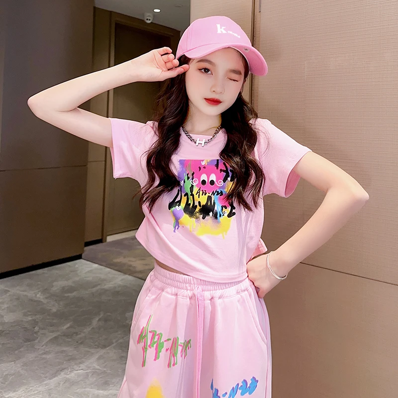 Cute Pink Cartoon T-shirt Pants Suit for Baby Girls Clothes Set Fashion Kids Straight Pants Teenage Rainbow Outfits In Summer 7t