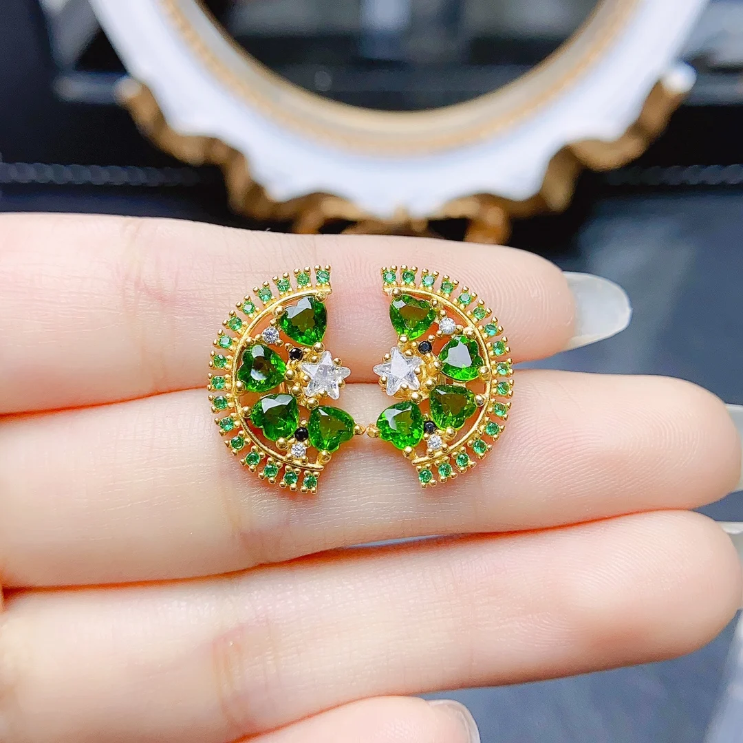 

FS Fashion S925 Sterling Silver Natural Diopside Half Round Earrings Certificate Fine Charm Weddings Jewelry for Women MeiBaPJ