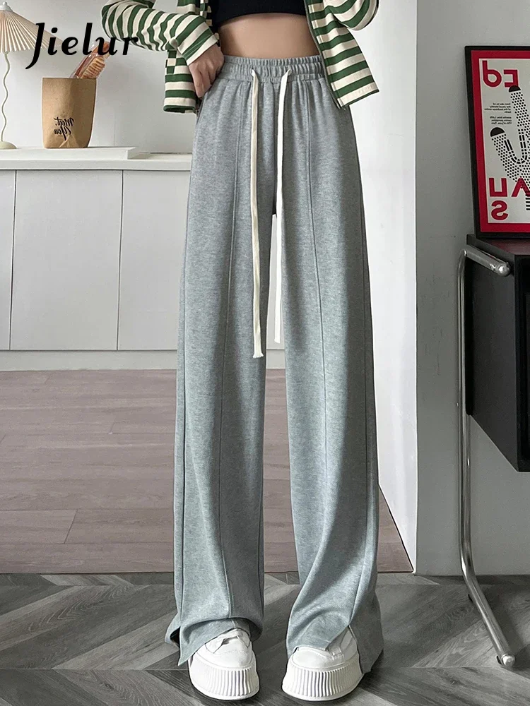 Jielur grigio stile americano diviso pantaloni Casual da donna larghi Slim dritti con lacci elastici in vita moda Chic pantaloni a gamba larga femminili